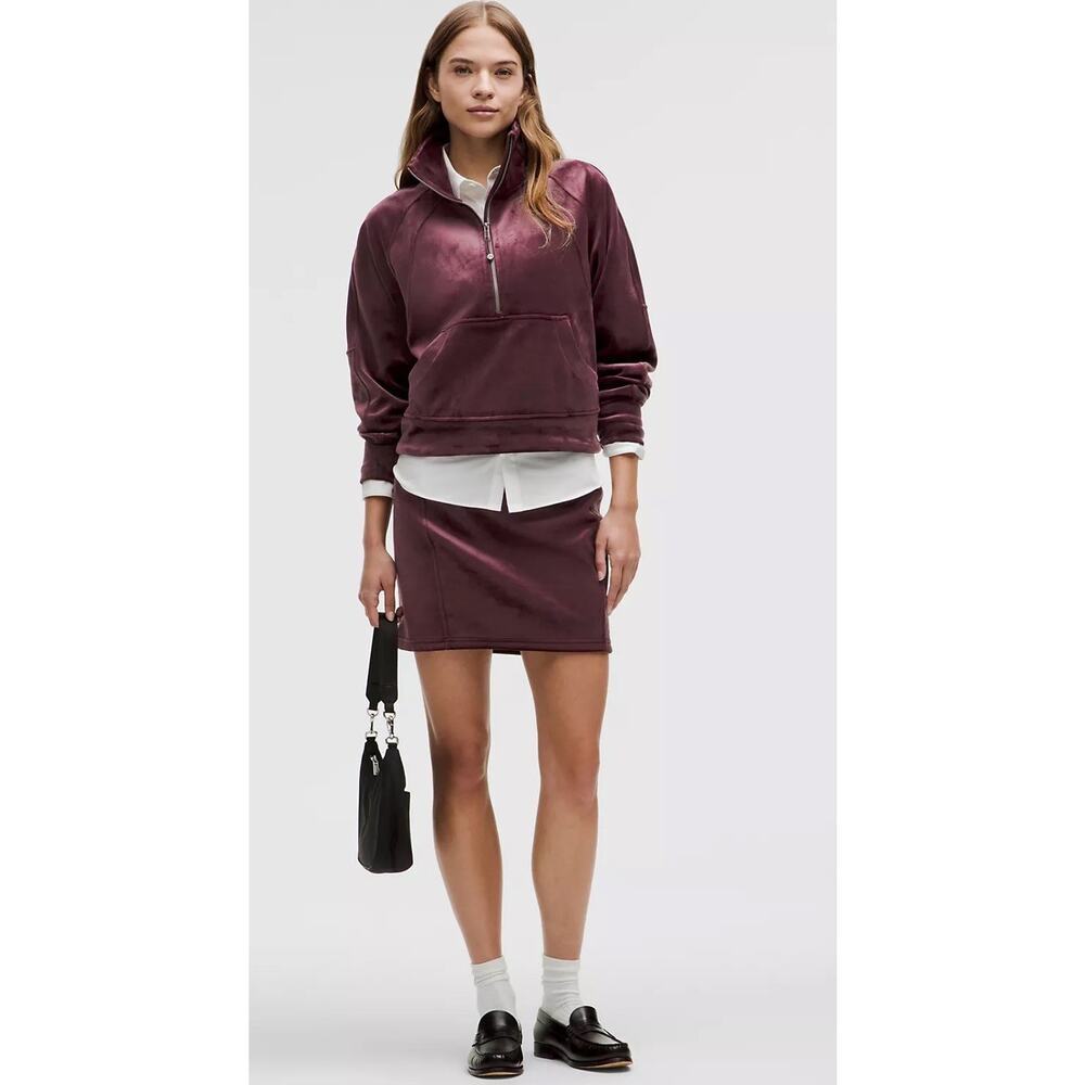 Lululemon Scuba HR High Rise Mini Skirt Velvet W Nulu Fabric! Sz Large Garnet